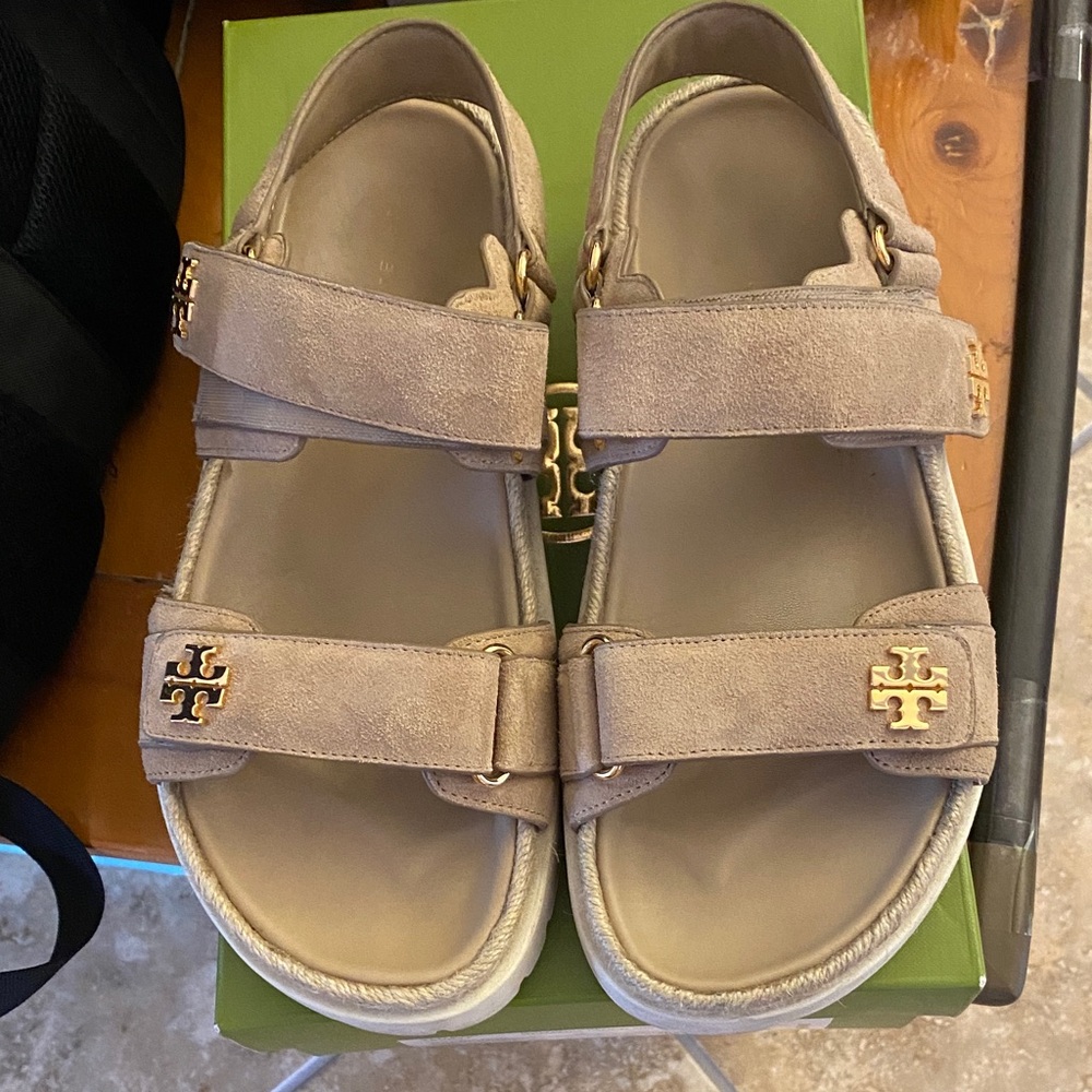 Tory Burch Taupe Suede Double-Strap Sandals with Gold Logo